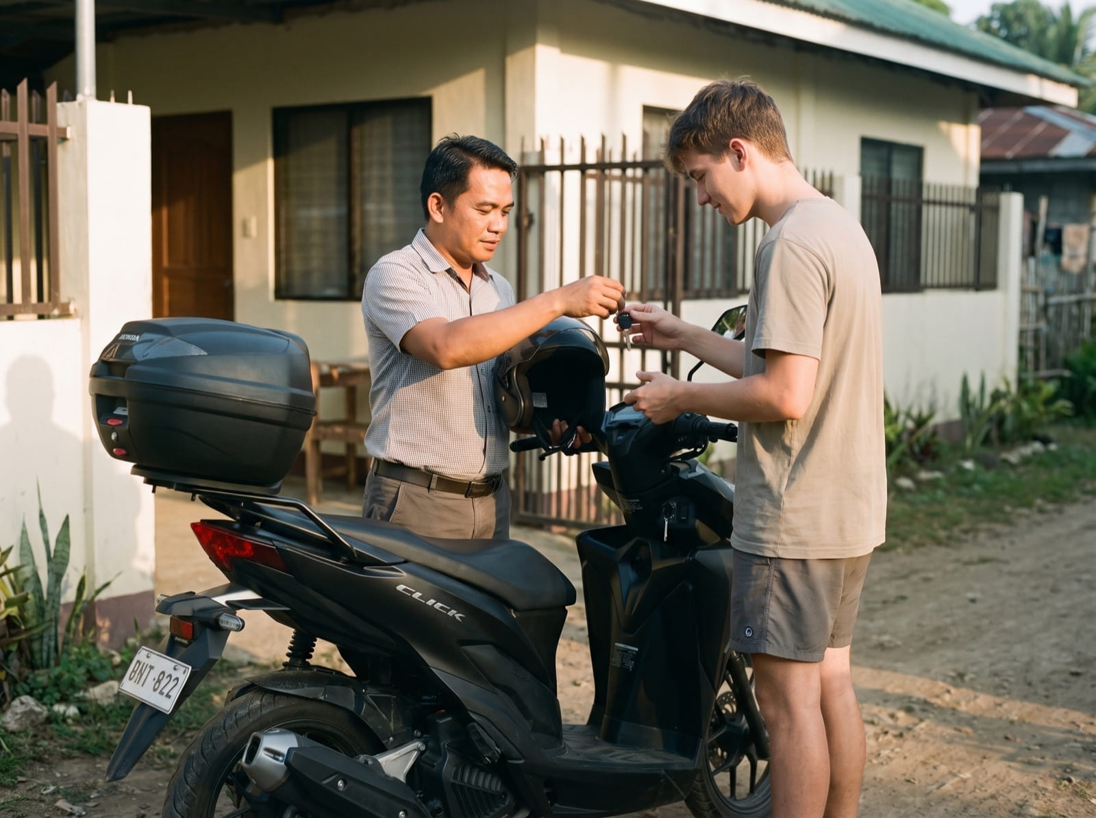 A Siquijor owner handing scooter keys to a traveller